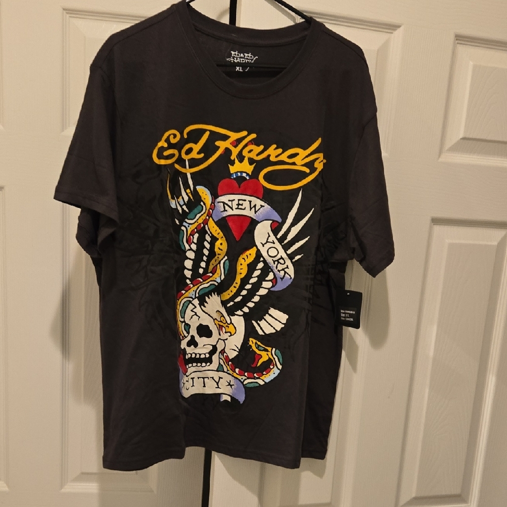 Ed Hardy Dark Gray Graphic Tee with Design Unisex Size Xl Nwt